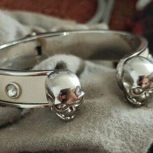 Alexander McQueen (Made In Italy) Silver Skull Cuff Bracelet with Cream Inlay